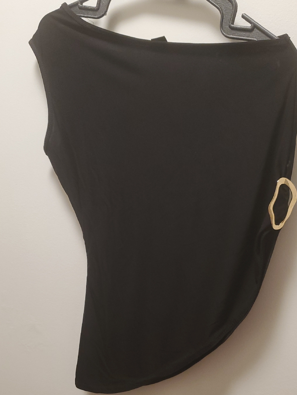 Black Asymmetric One-Shoulder Top with Gold Accent